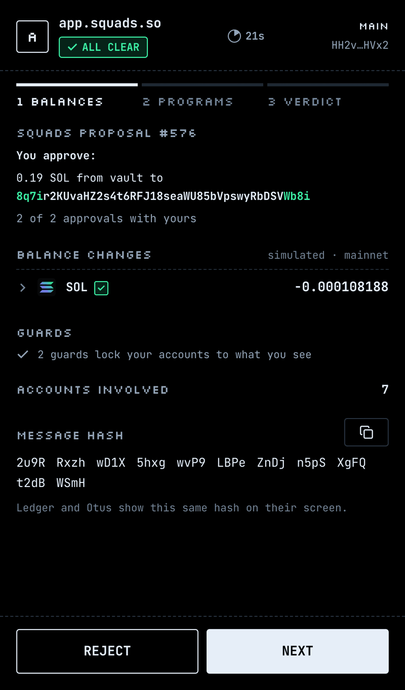 Otus reviewing a Squads proposal on app.squads.so: you approve 0.19 SOL from the vault, 2 of 2 approvals with yours